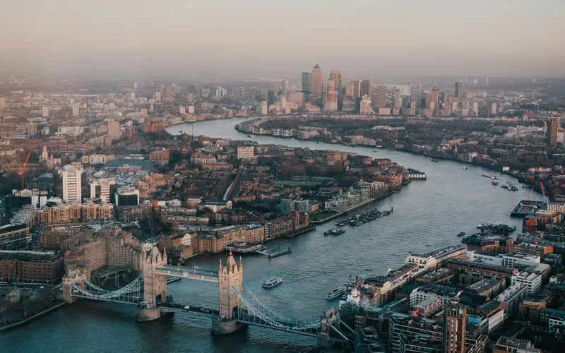 London commercial skyline at dusk — offices and commercial buildings across the City