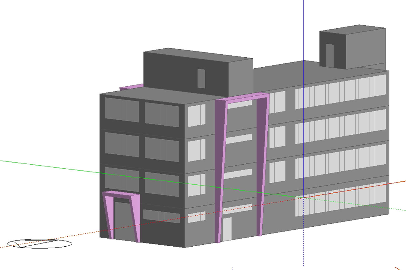 DesignBuilder 3D model of a mixed-use development — SBEM modelling