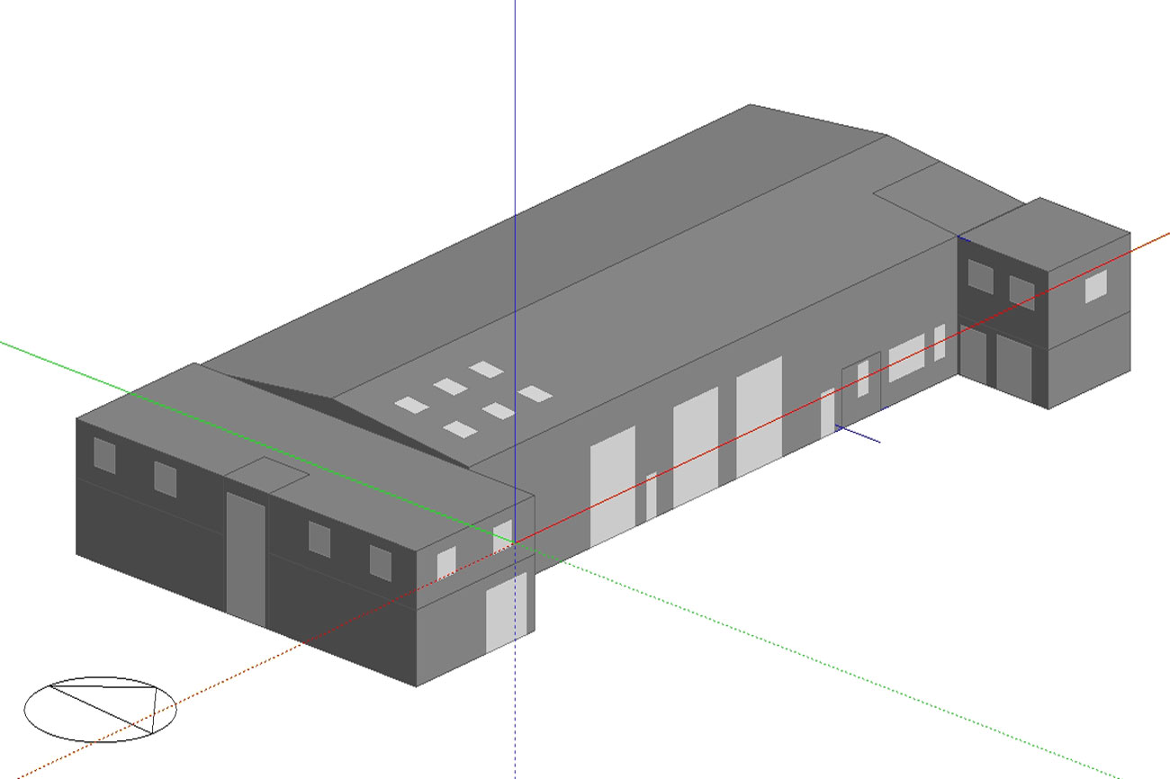 DesignBuilder 3D model of a multi-storey commercial office — EPC assessment